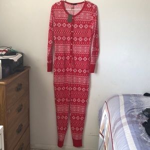 Women Waffle Knit Red Fair Isle Onesie- Small